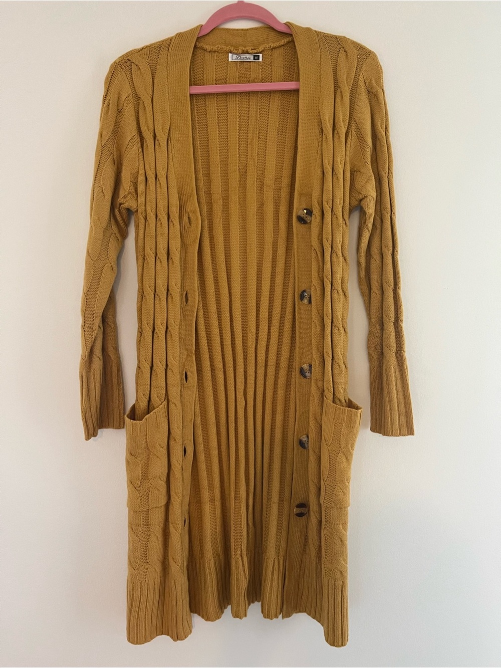 Long Mustard Cable-Knit Button Cardigan